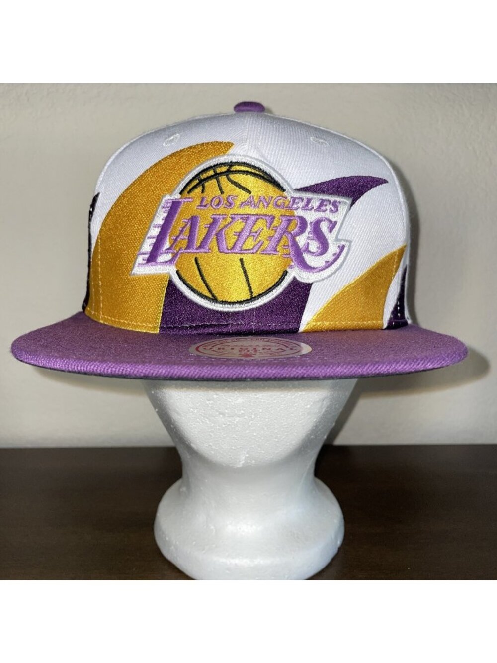 Mitchell & Ness LA Lakers White Purple Gold Shark Tooth Snapback Hat Cap NEW